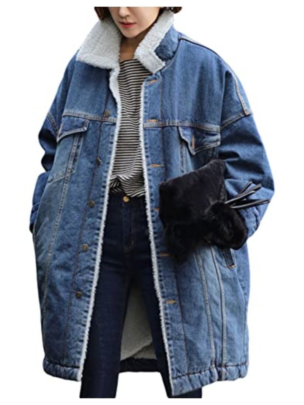 CHARTOU Women's Thick Fleece Lined Button Down Mid Long Quilted Denim Jacket